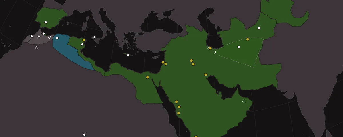 Islamic Law Through the Ages atlas: states of 850 CE colored on a globe centered on the Middle East, with dots for people and capitals.