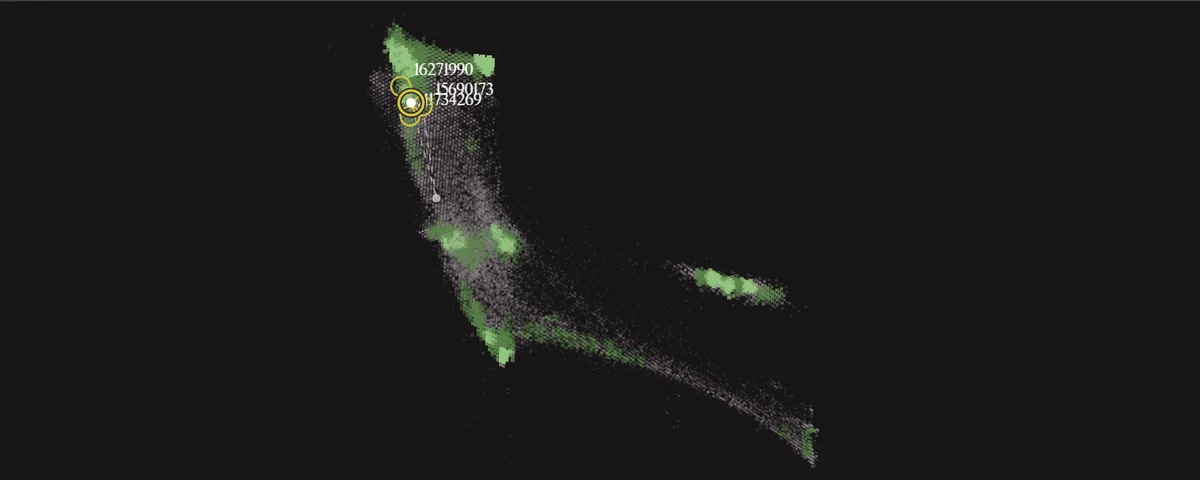 Patent Universe: a three-dimensional point cloud of sampled patents, with gold rings marking retrieved references.